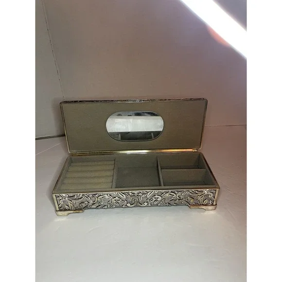 Godinger Silverplate Jewelry Box Floral Pattern W/ Lining Miror Hinged Vintage - Picture 2 of 9